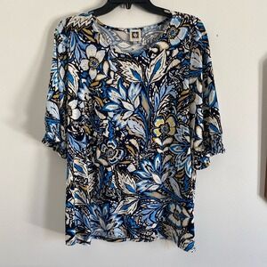Anne Klein Blue Floral Paisley Smocked Cuff Top XL Elbow Sleeve Blouse